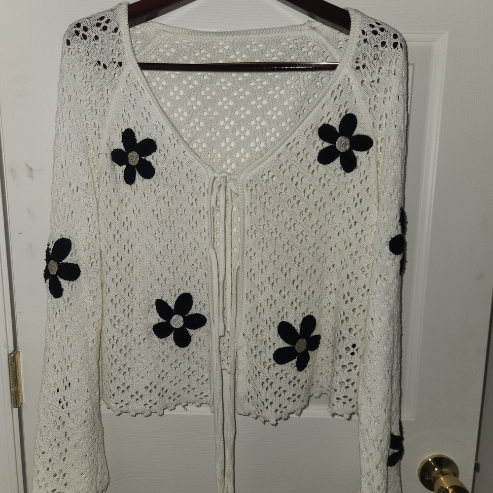 White Crochet Cardigan with Black Flower Accents